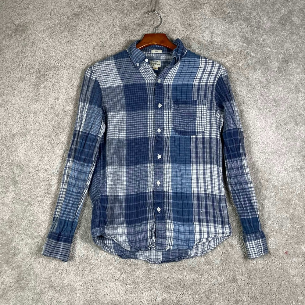 J Crew Button Down Shirt Mens S Blue Plaid Slim Fit 100% Linen Long Sleeve S19